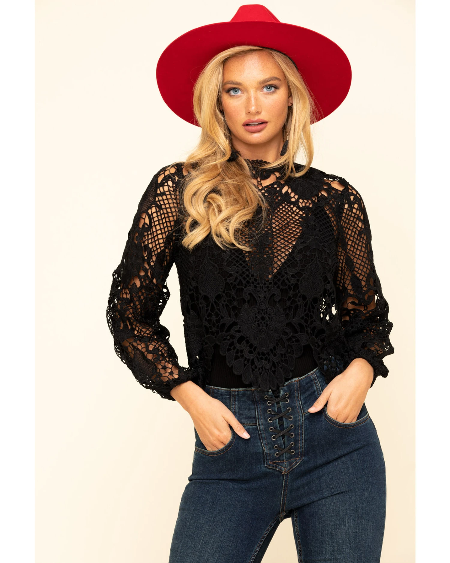 Flying Tomato Women's Crochet Lace Long Sleeve Top