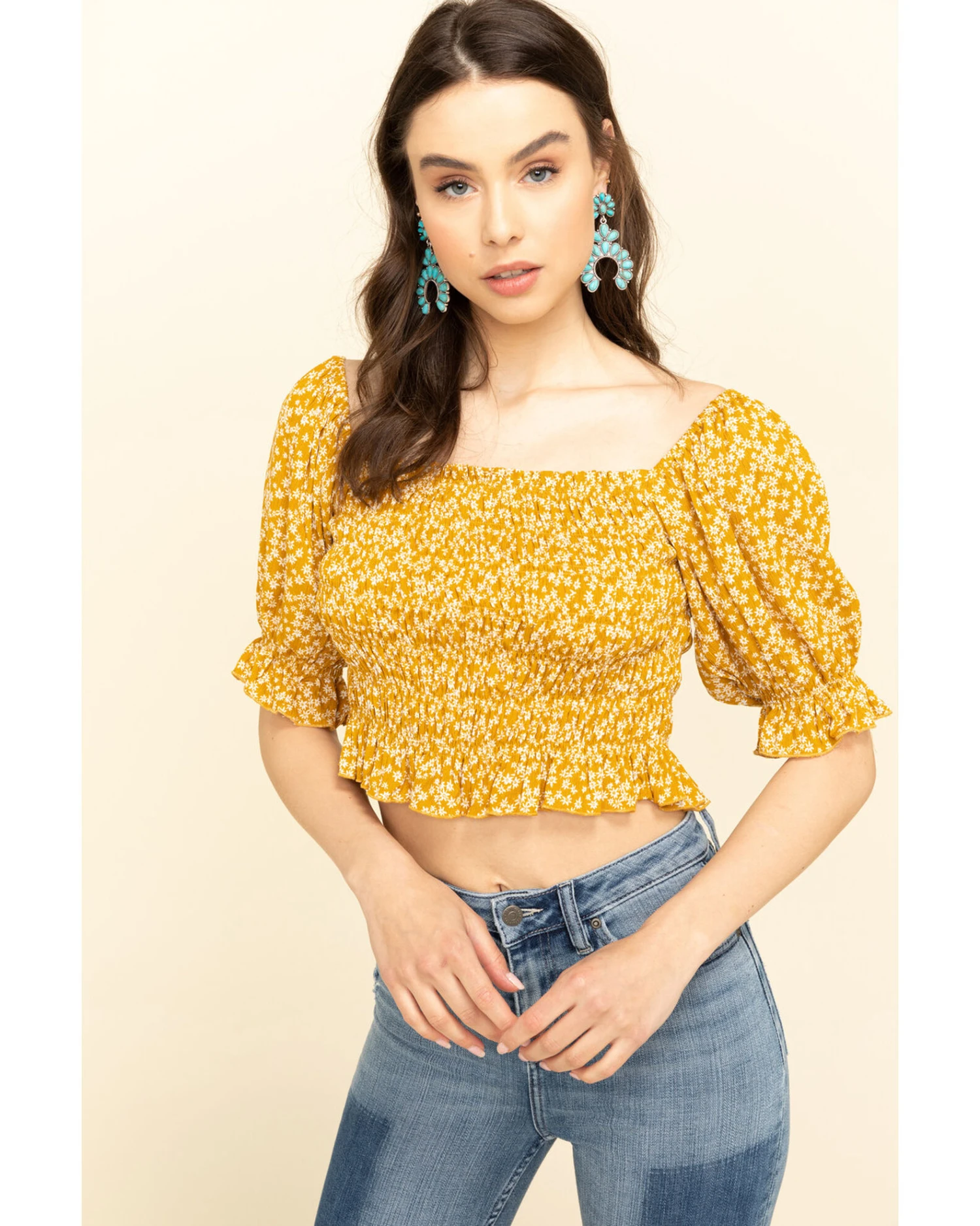 Loveriche Women's Floral Print Smocked Crop Top