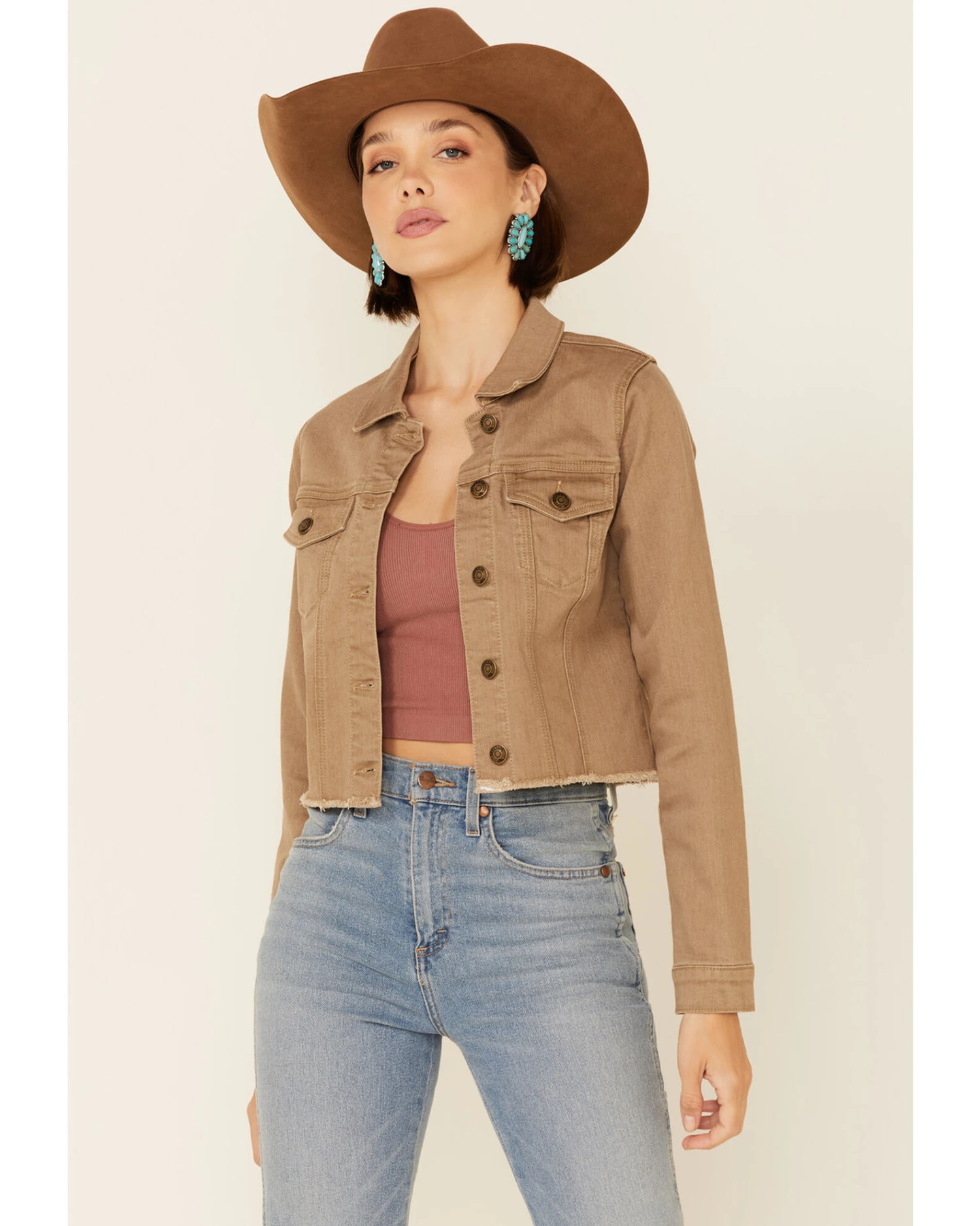 Shyanne Women's Tan Fray Hem Button-Front Crop Denim Jacket