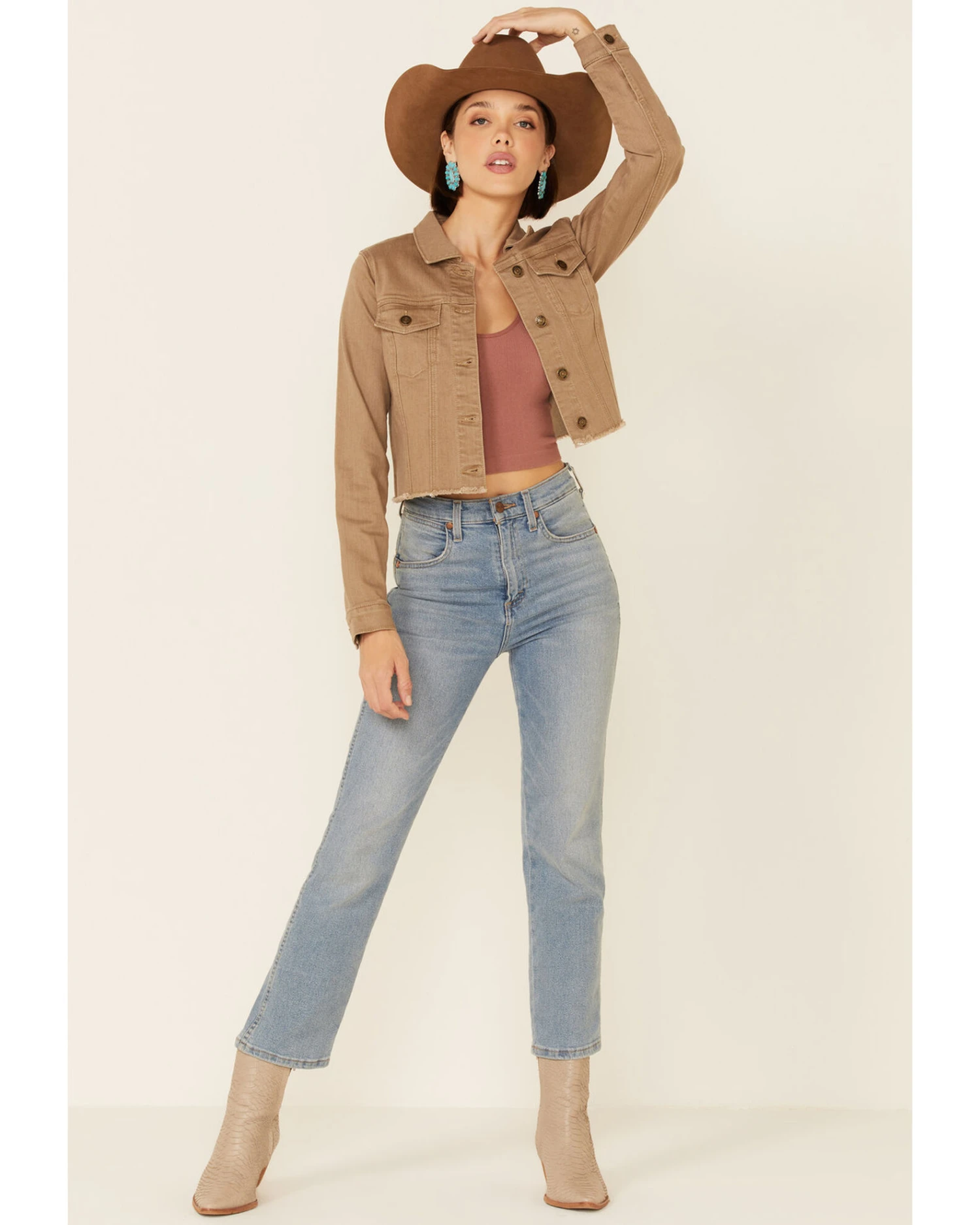 Shyanne Women's Tan Fray Hem Button-Front Crop Denim Jacket - Image 2