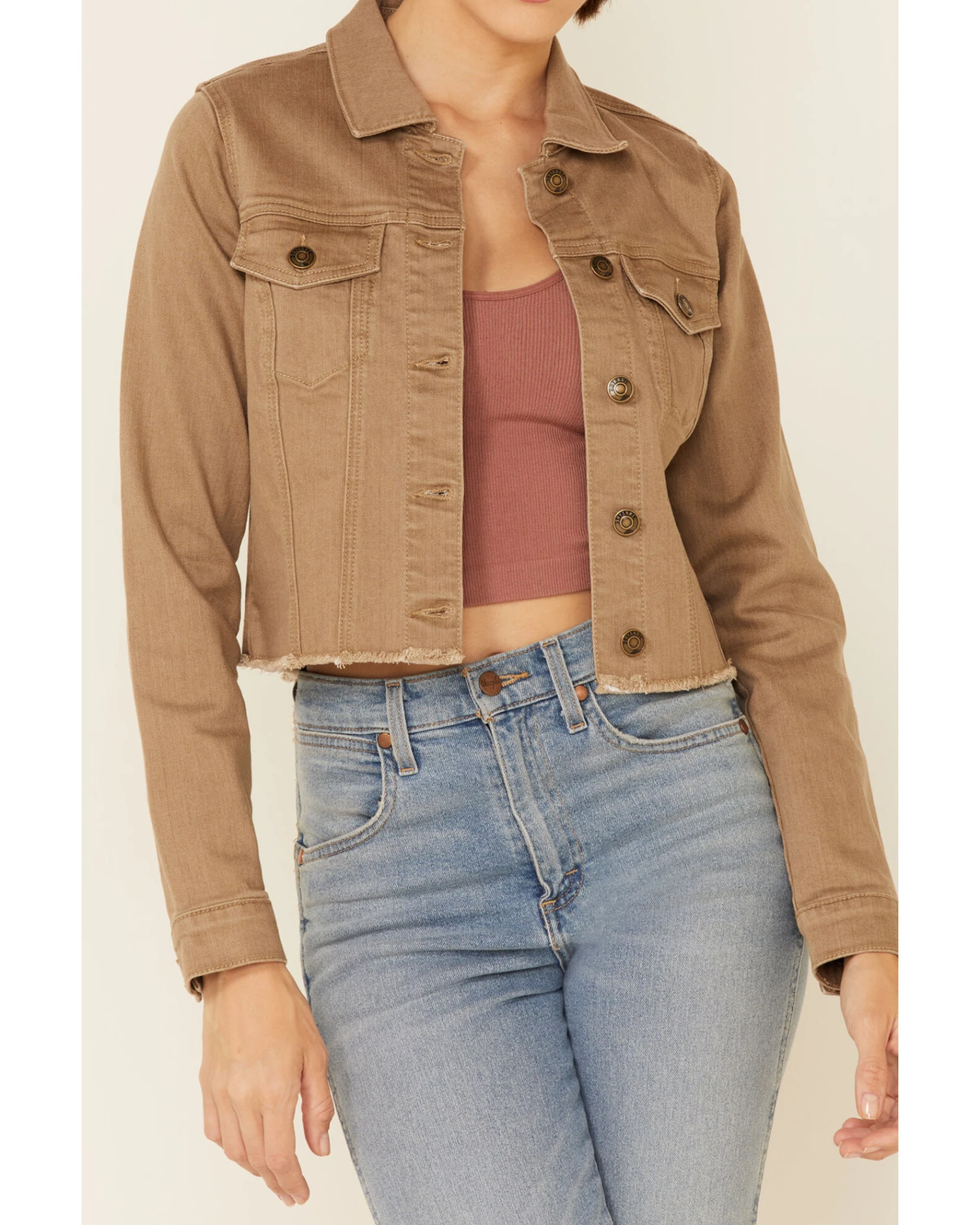 Shyanne Women's Tan Fray Hem Button-Front Crop Denim Jacket - Image 3