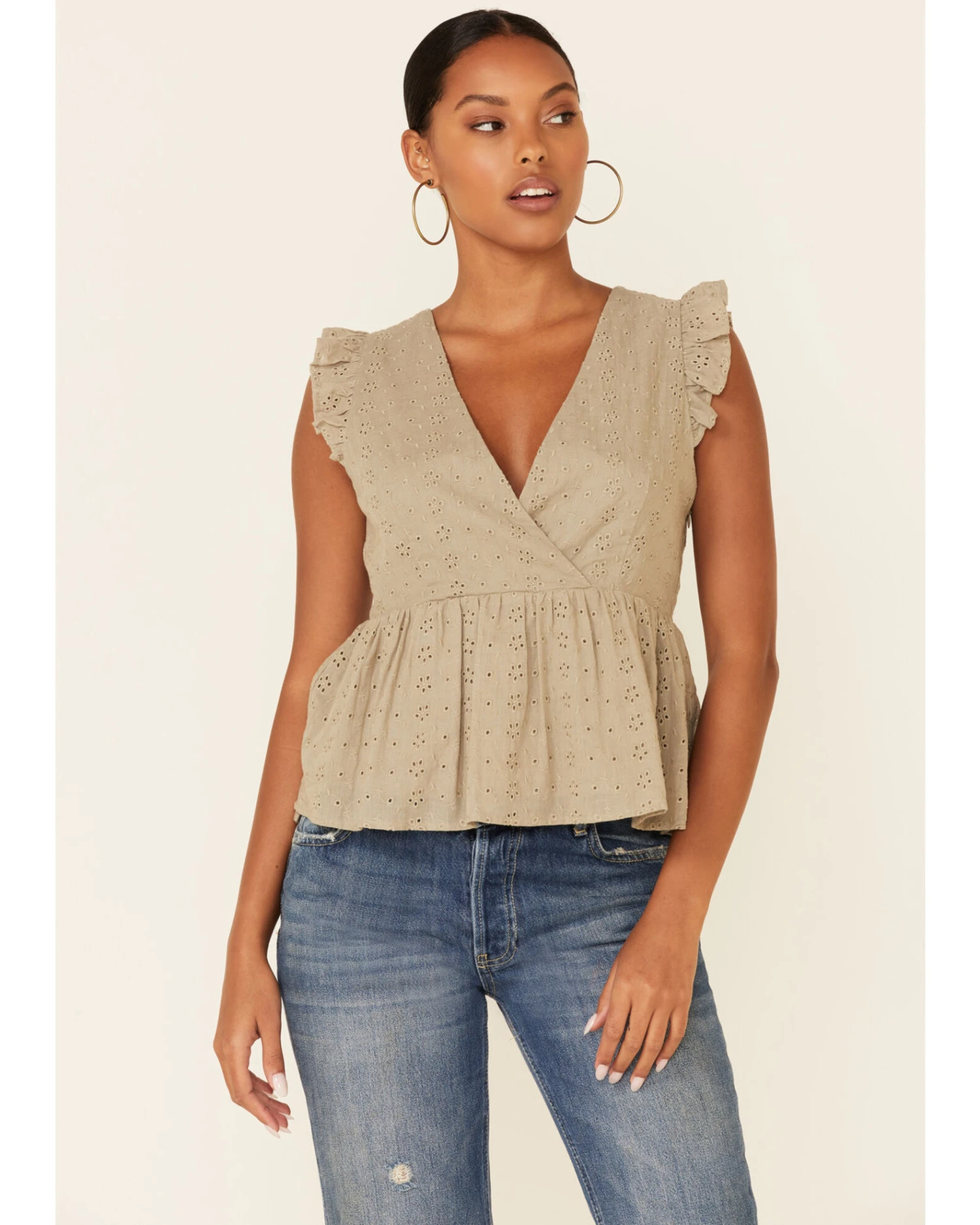 Wishlist Women's Gucci Eyelet Ruffle Surplice Short Sleeve Babydoll Top