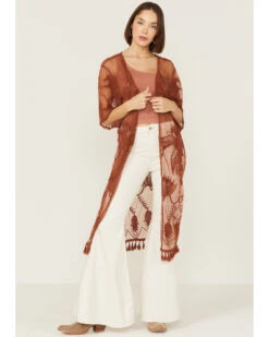 Shyanne Women's Rust Lace Tassel Kimono