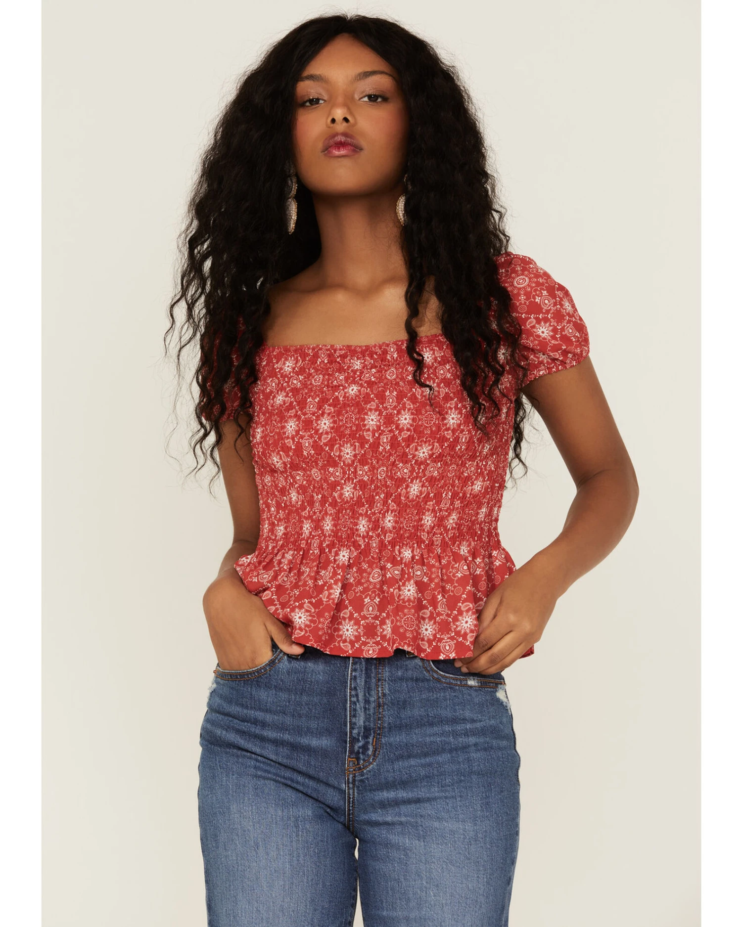 Cowgirl Hardware Women's Bandana Print Smocked Peasant Top