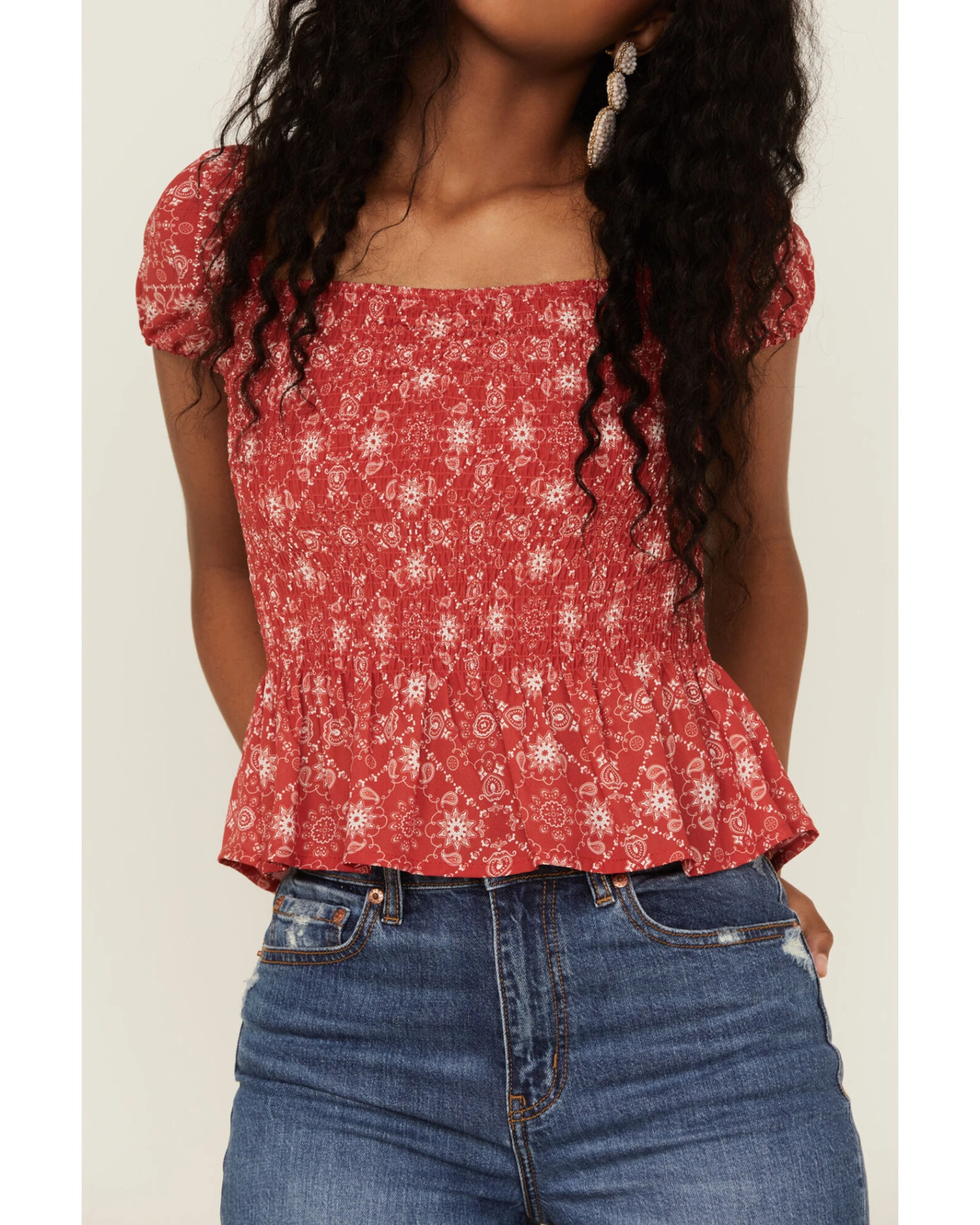 Cowgirl Hardware Women's Bandana Print Smocked Peasant Top - Image 3