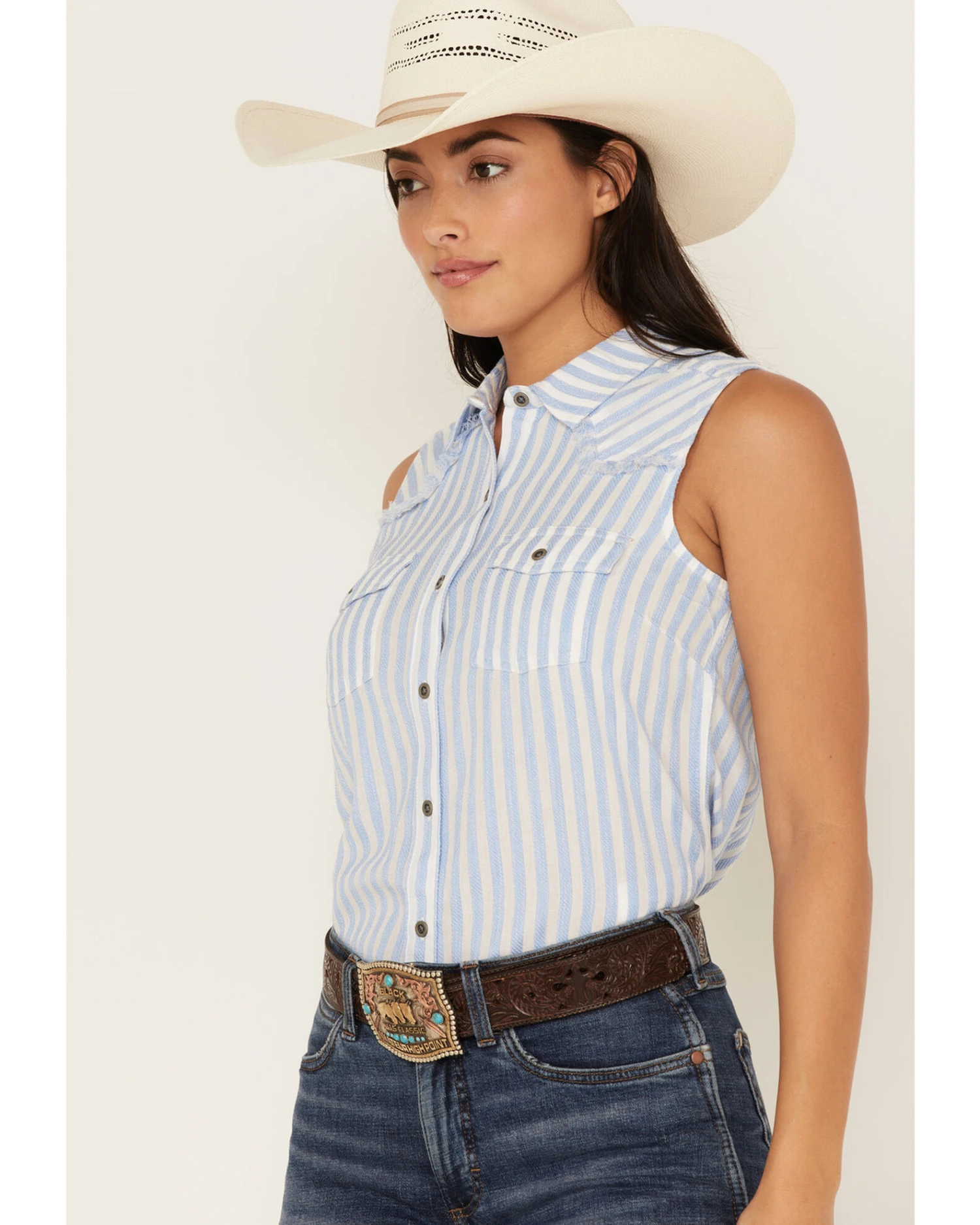 Ariat Women's Stripe Print Boom Boom Sleeveless Snap Western Shirt - Image 2