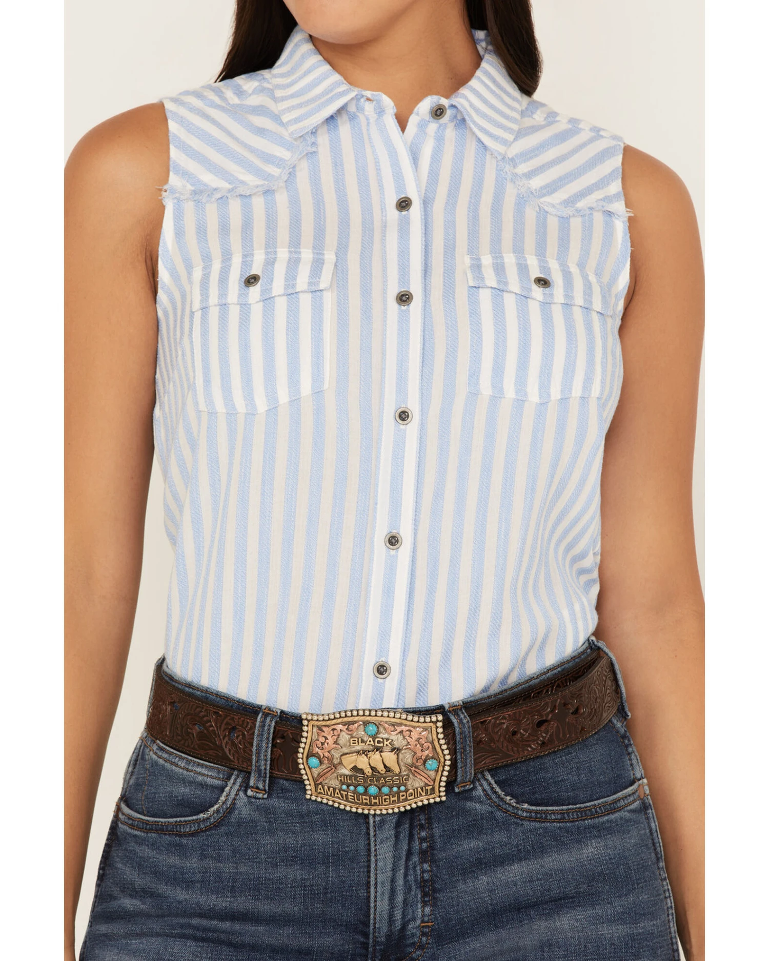 Ariat Women's Stripe Print Boom Boom Sleeveless Snap Western Shirt - Image 3