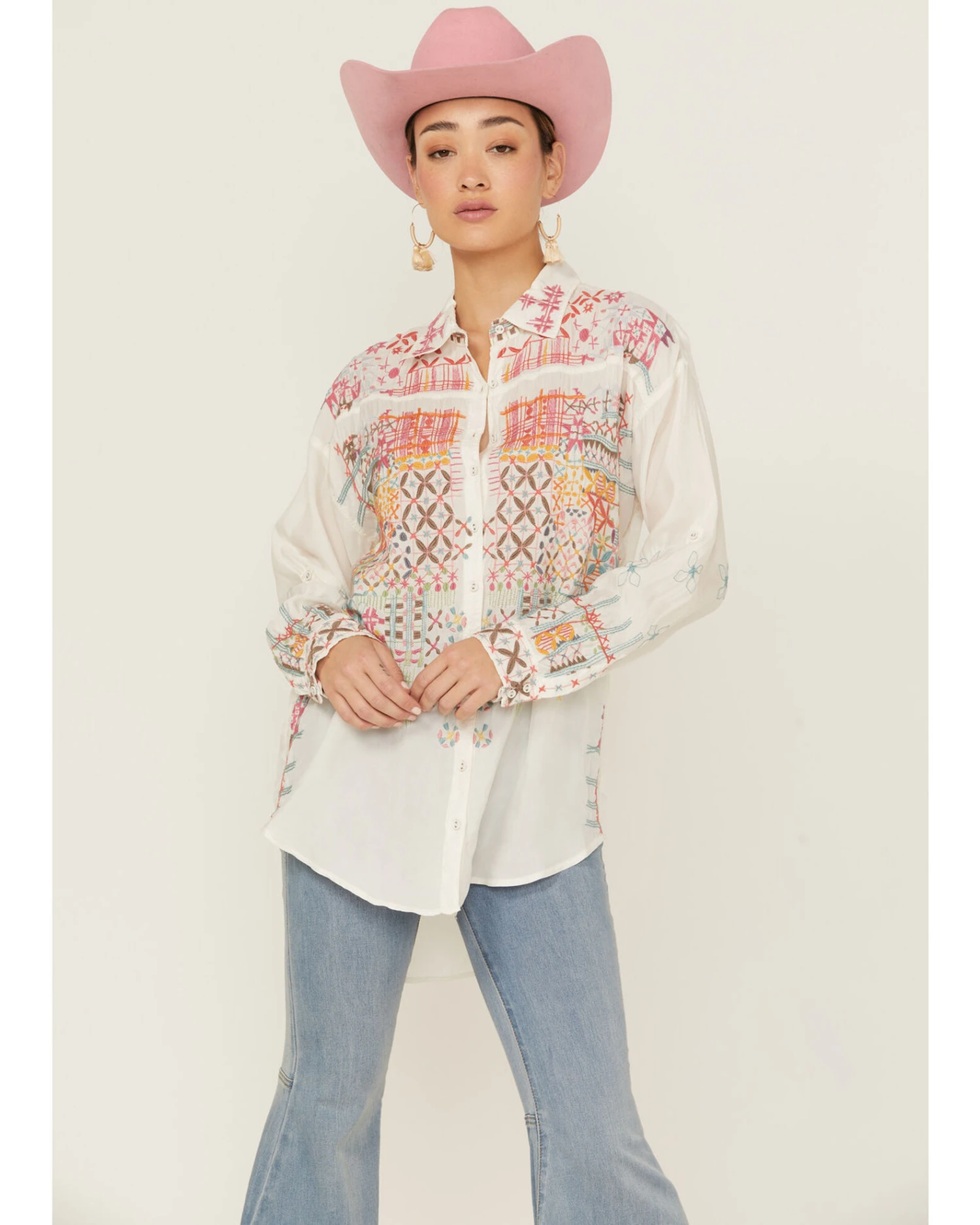 Johnny Was Women's Ryan Embroidered Button Down Long Sleeve Shirt