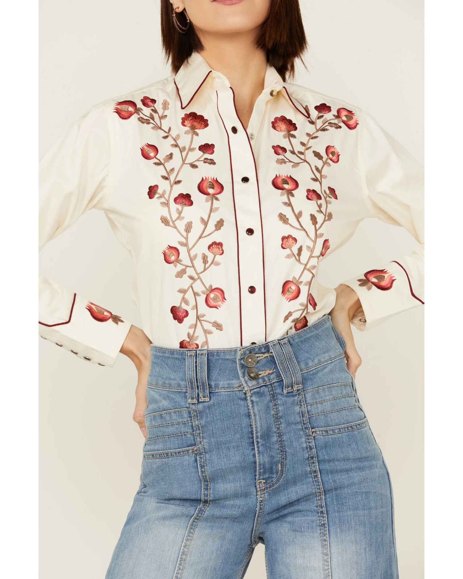 Rockmount Ranchwear Women's Vintage Thistle Floral Embroidery Pearl Snap Western Shirt - Image 2