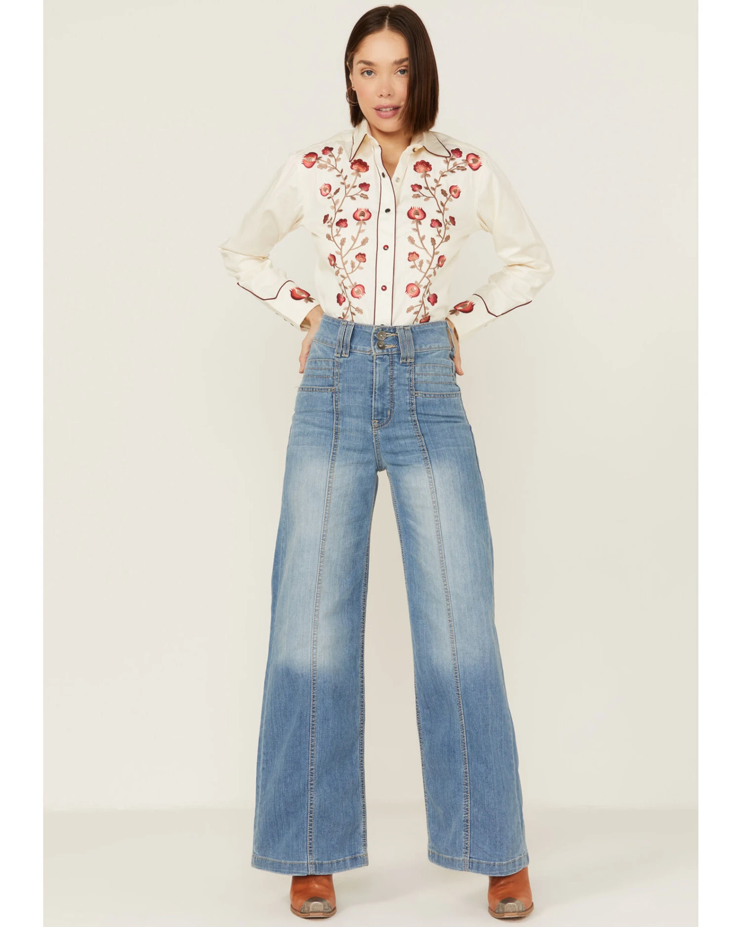 Rockmount Ranchwear Women's Vintage Thistle Floral Embroidery Pearl Snap Western Shirt - Image 4