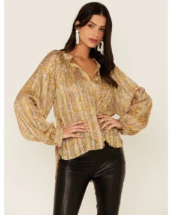 Revel Women's Paisley Print Long Sleeve Woven Chiffon Peasant Top  