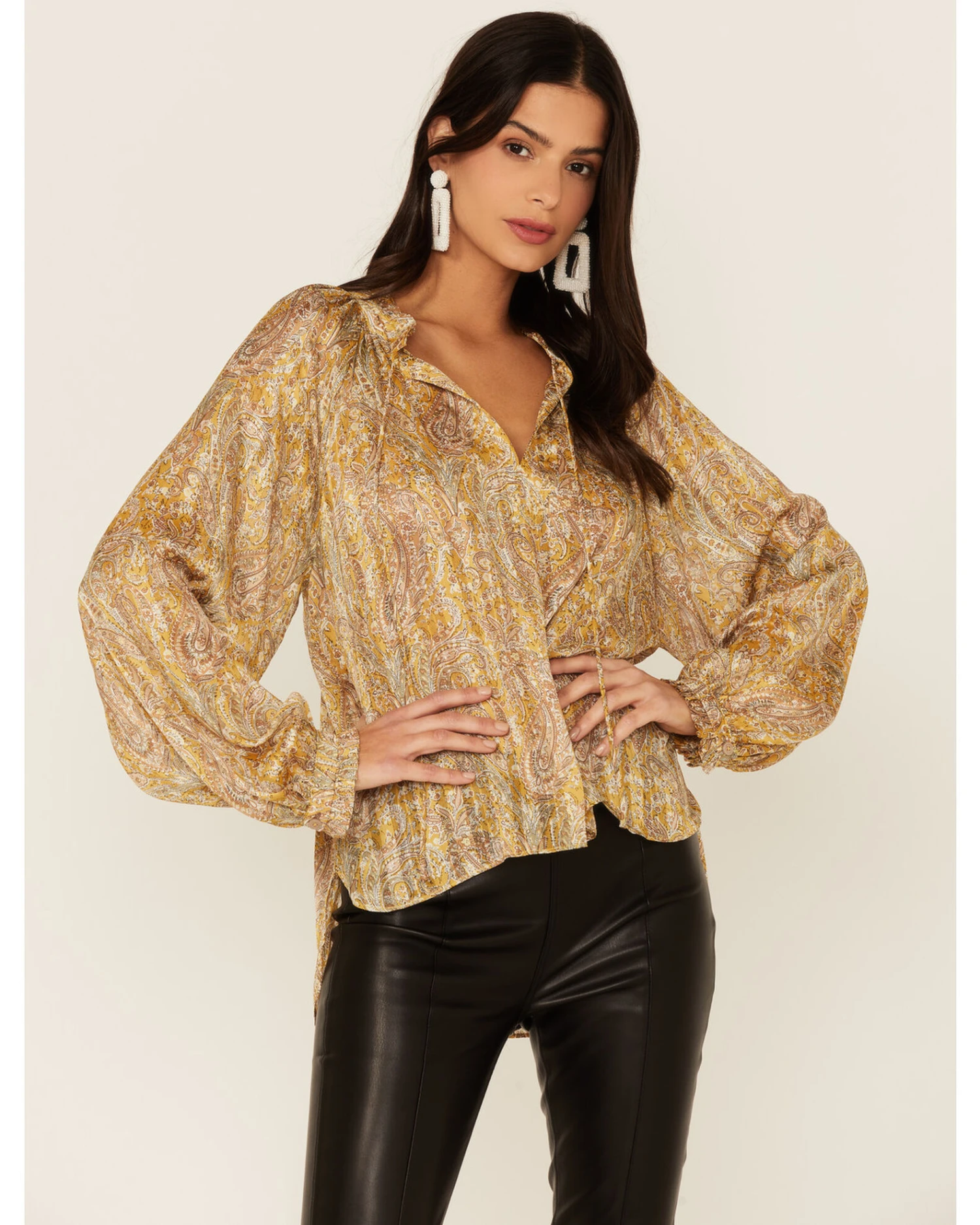 Revel Women's Paisley Print Long Sleeve Woven Chiffon Peasant Top
