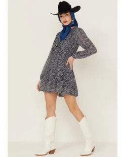 Lush Women's Floral Long Sleeve Smocked Mini Dress