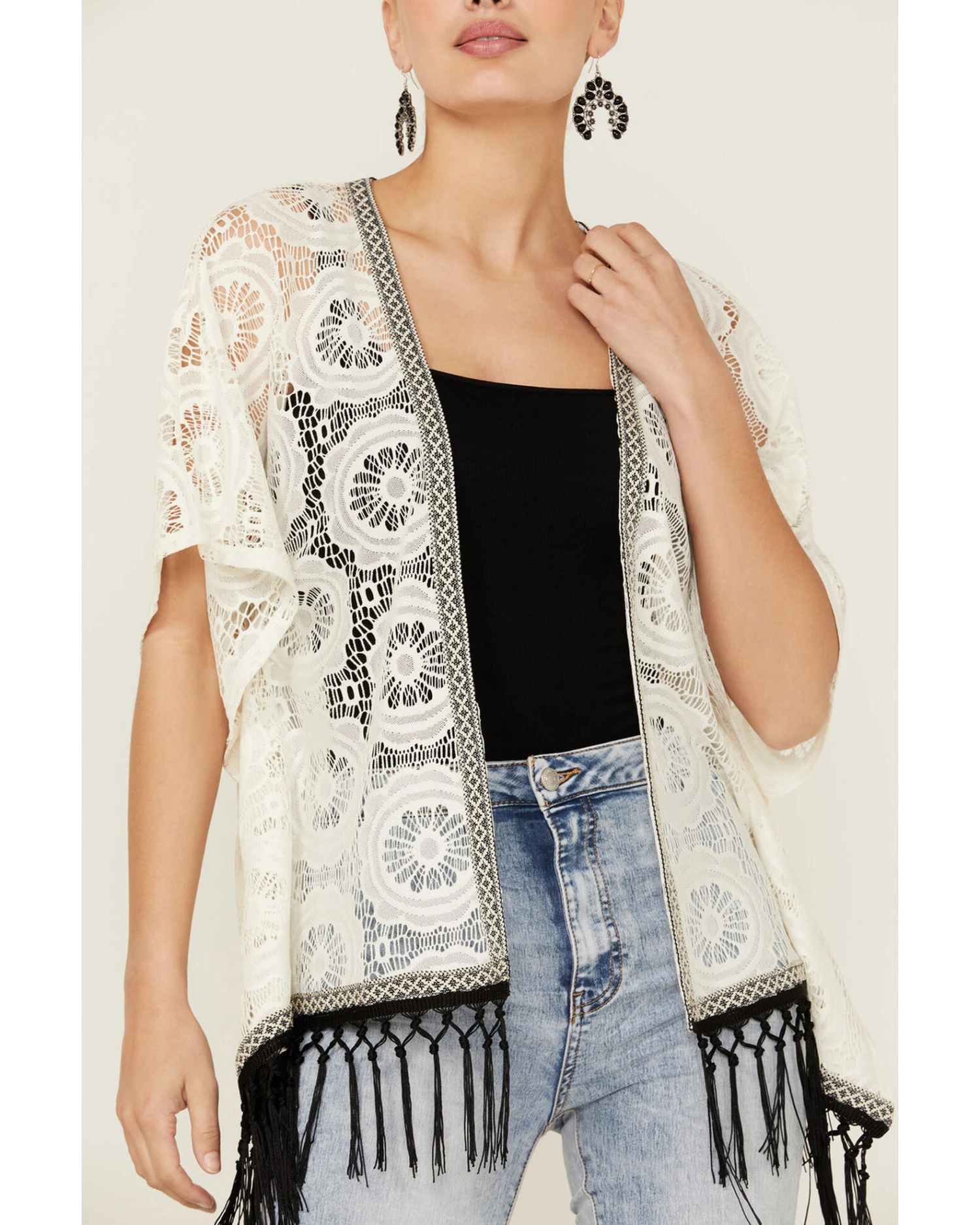 Wild Moss Women's Lace Contrast Fringe Kimono - Image 2