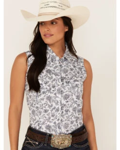 Rough Stock By Panhandle Women's Floral Paisley Print Sleeveless Snap Western Core Shirt