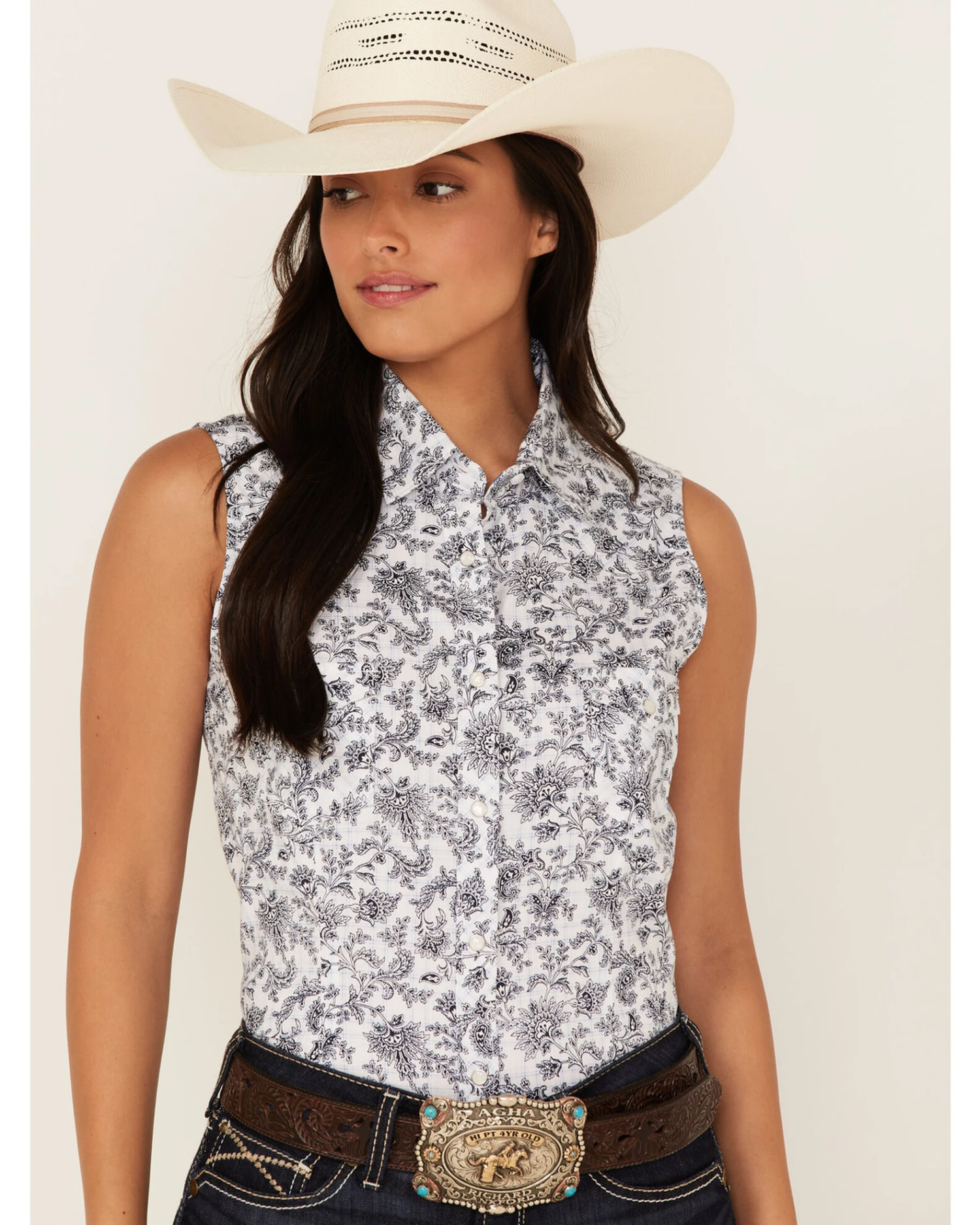 Rough Stock By Panhandle Women's Floral Paisley Print Sleeveless Snap Western Core Shirt
