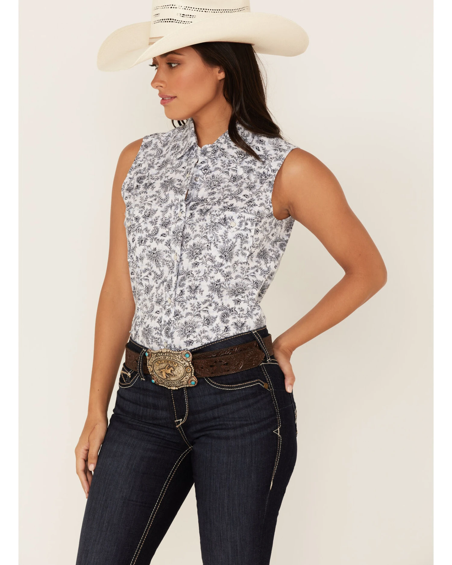 Rough Stock By Panhandle Women's Floral Paisley Print Sleeveless Snap Western Core Shirt - Image 2