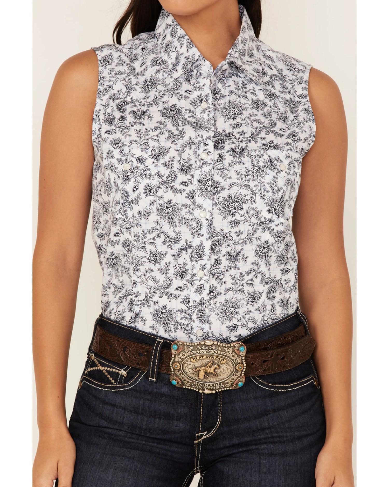 Rough Stock By Panhandle Women's Floral Paisley Print Sleeveless Snap Western Core Shirt - Image 3