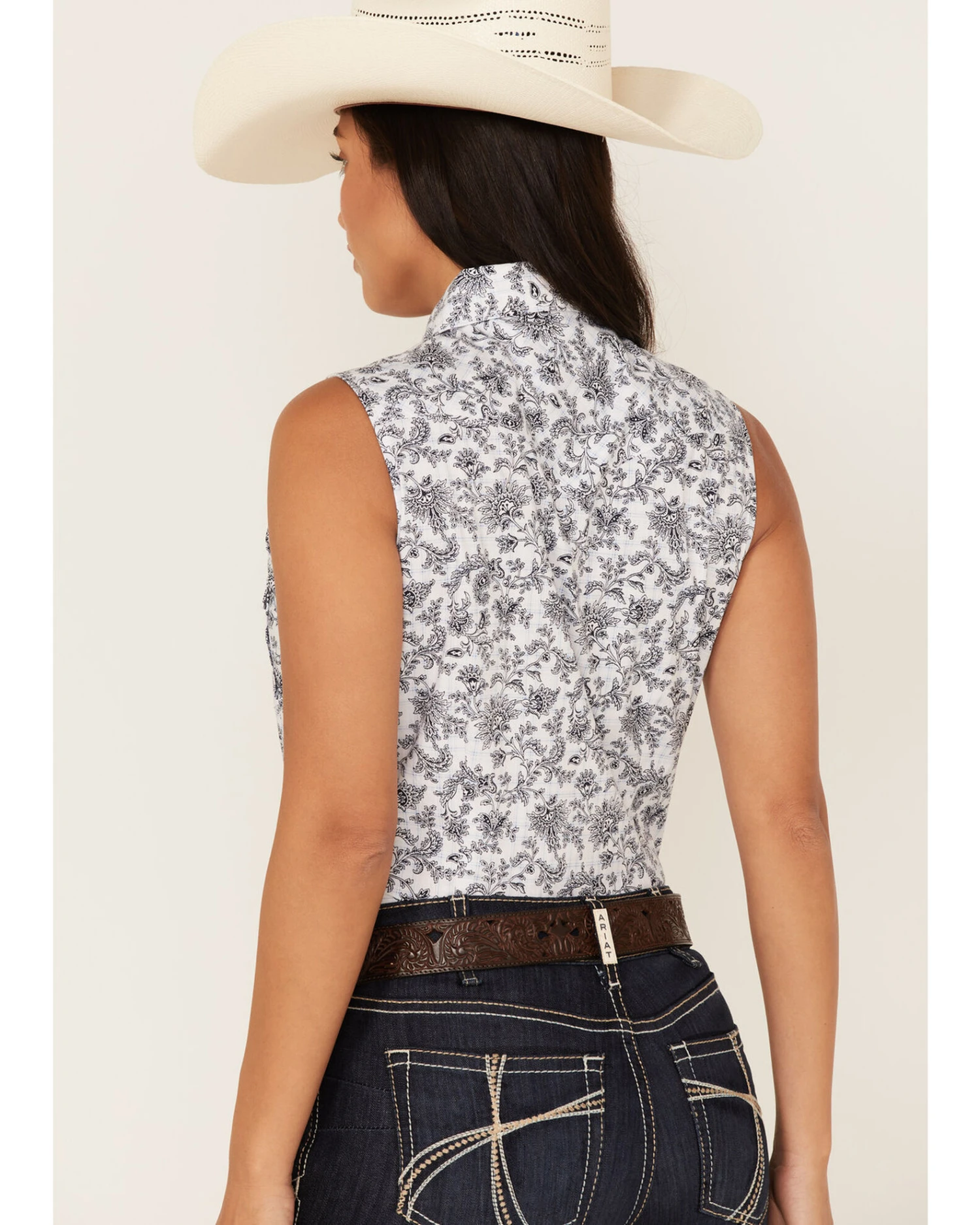 Rough Stock By Panhandle Women's Floral Paisley Print Sleeveless Snap Western Core Shirt - Image 4
