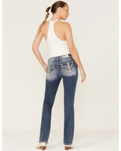 Miss Me Women's Medium Wash Mid Rise Americana Wing Cross Rhinestone Bootcut Jeans