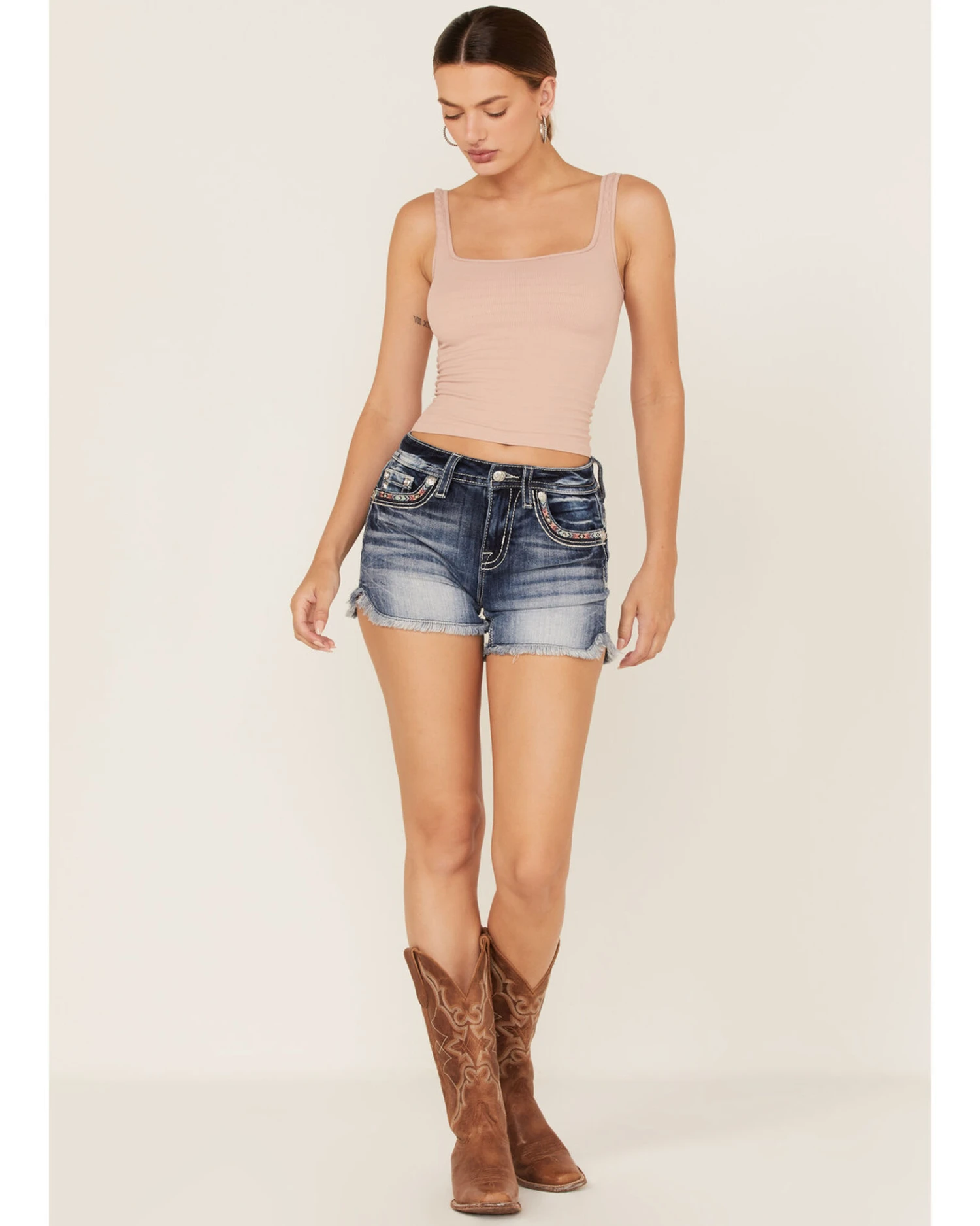 Miss Me Women's Dark Wash Southwestern Arrow Rhinestone Embroidered Denim Shorts - Image 3