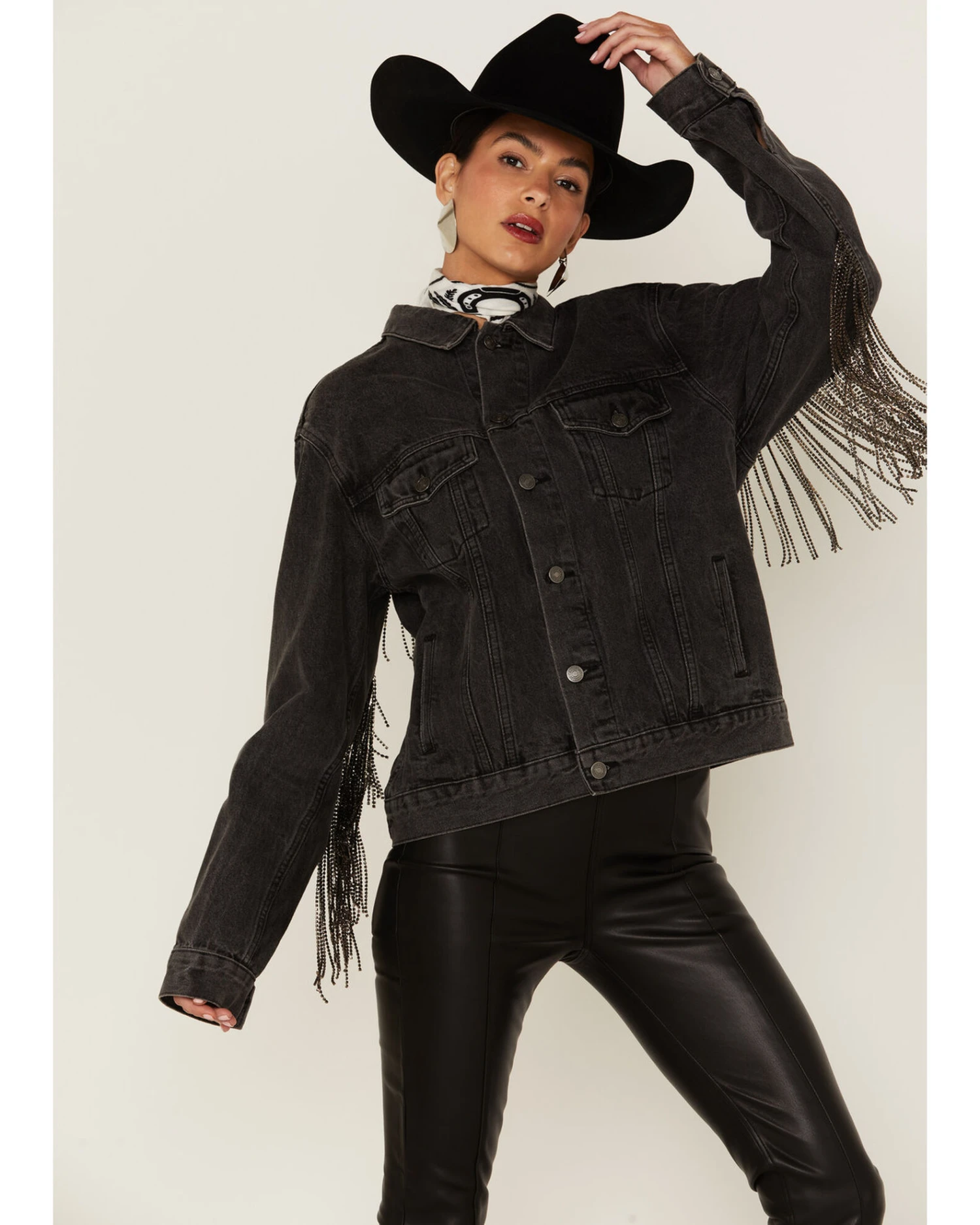 The Andy Jacket By DanielXDiamond: Women's Gray Denim Jacket With Gunmetal Fringe