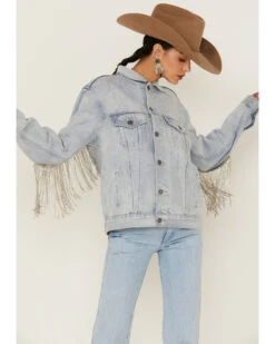 The Dylan Jacket By DanielXDiamond: Women's Blue Denim Jacket With Silver Fringe