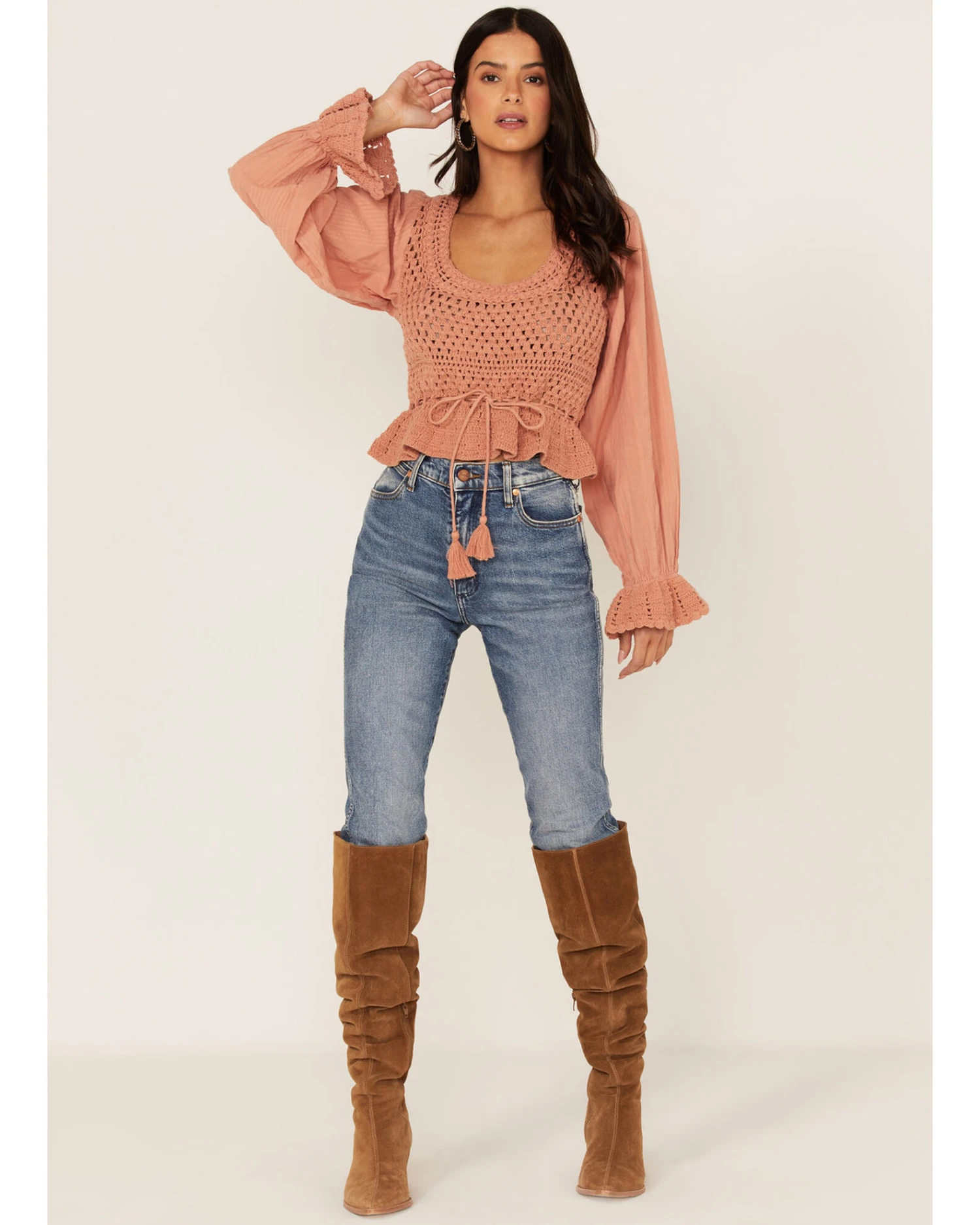 Free People Women's Megan Crochet Knit Peplum Puff Sleeve Top - Image 2
