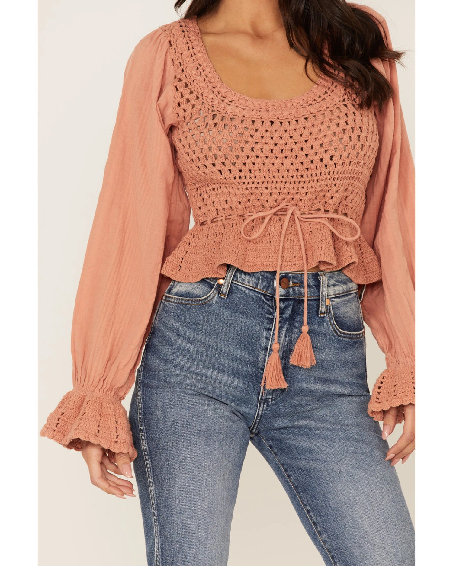 Free People Women's Megan Crochet Knit Peplum Puff Sleeve Top - Image 3