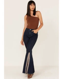 Saints & Hearts Women's Dark Wash High Rise Embroidered Slit Flare Jeans