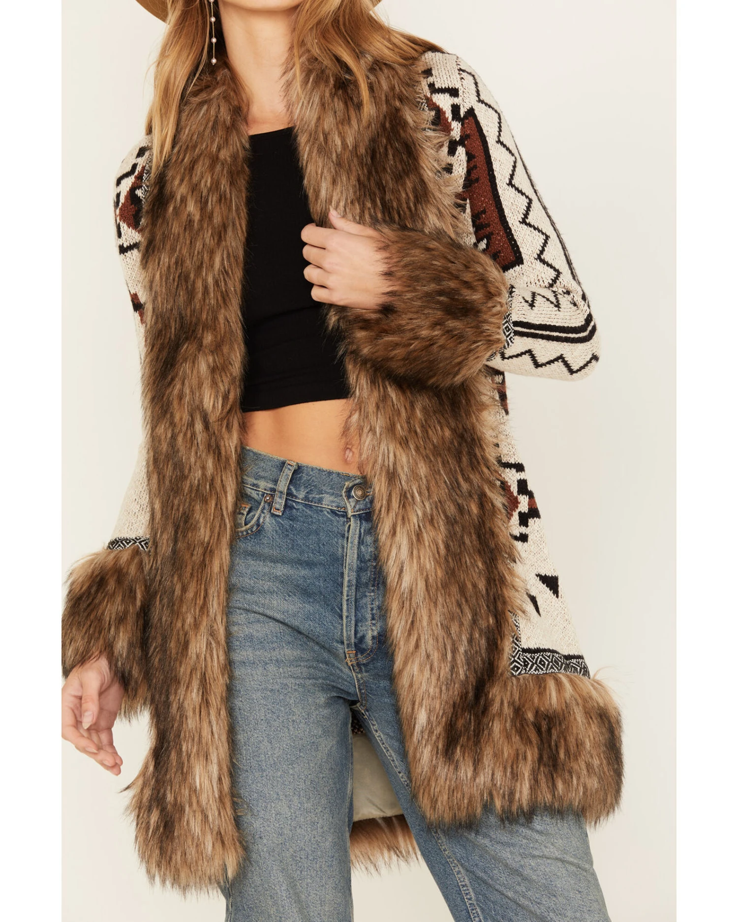 Shyanne Women's Southwestern Knit Faux Fur Trim Cardigan - Image 3