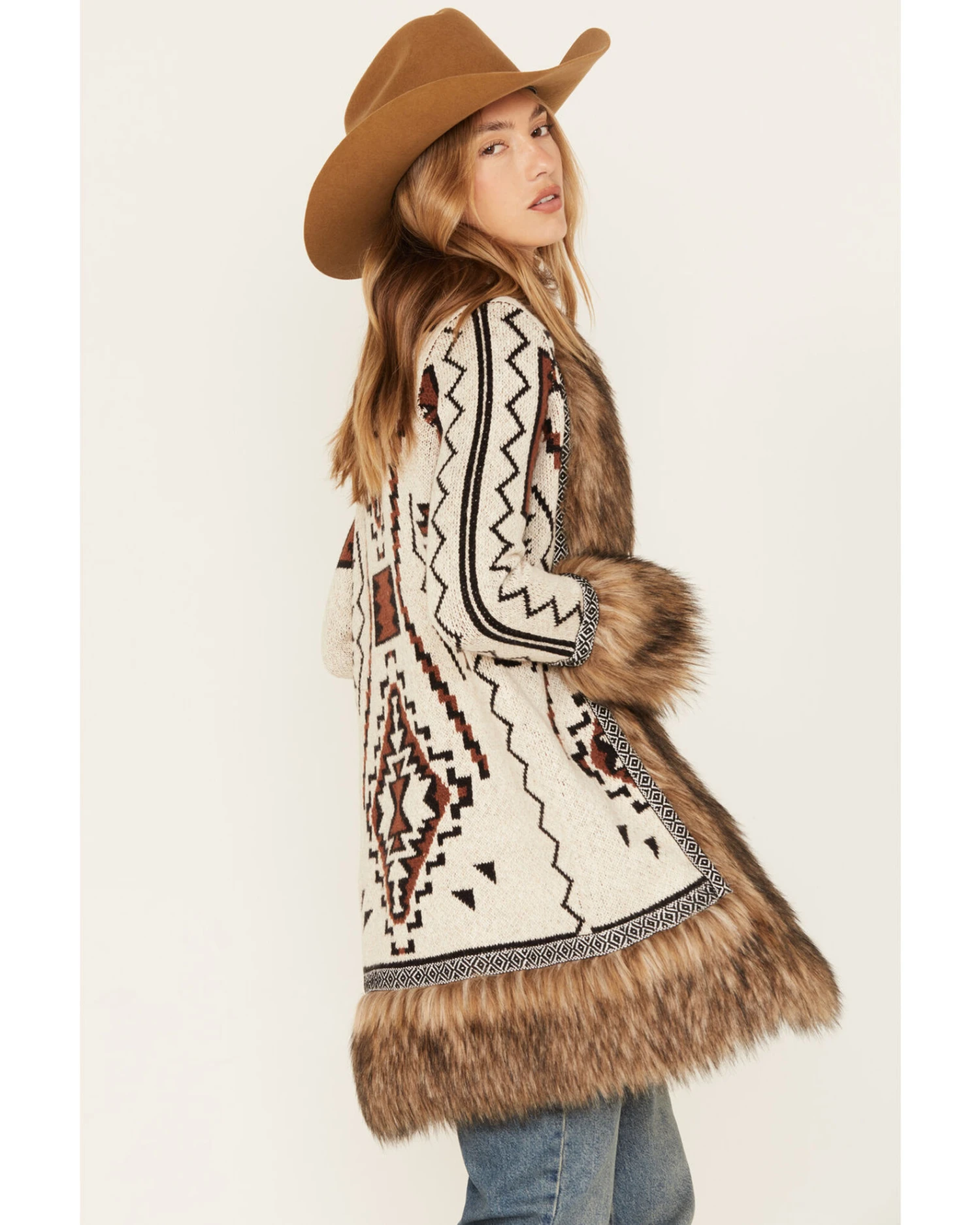 Shyanne Women's Southwestern Knit Faux Fur Trim Cardigan - Image 4