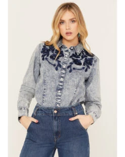 Panhandle Women's Medium Wash Floral Long Sleeve Pearl Snap Western Shirt