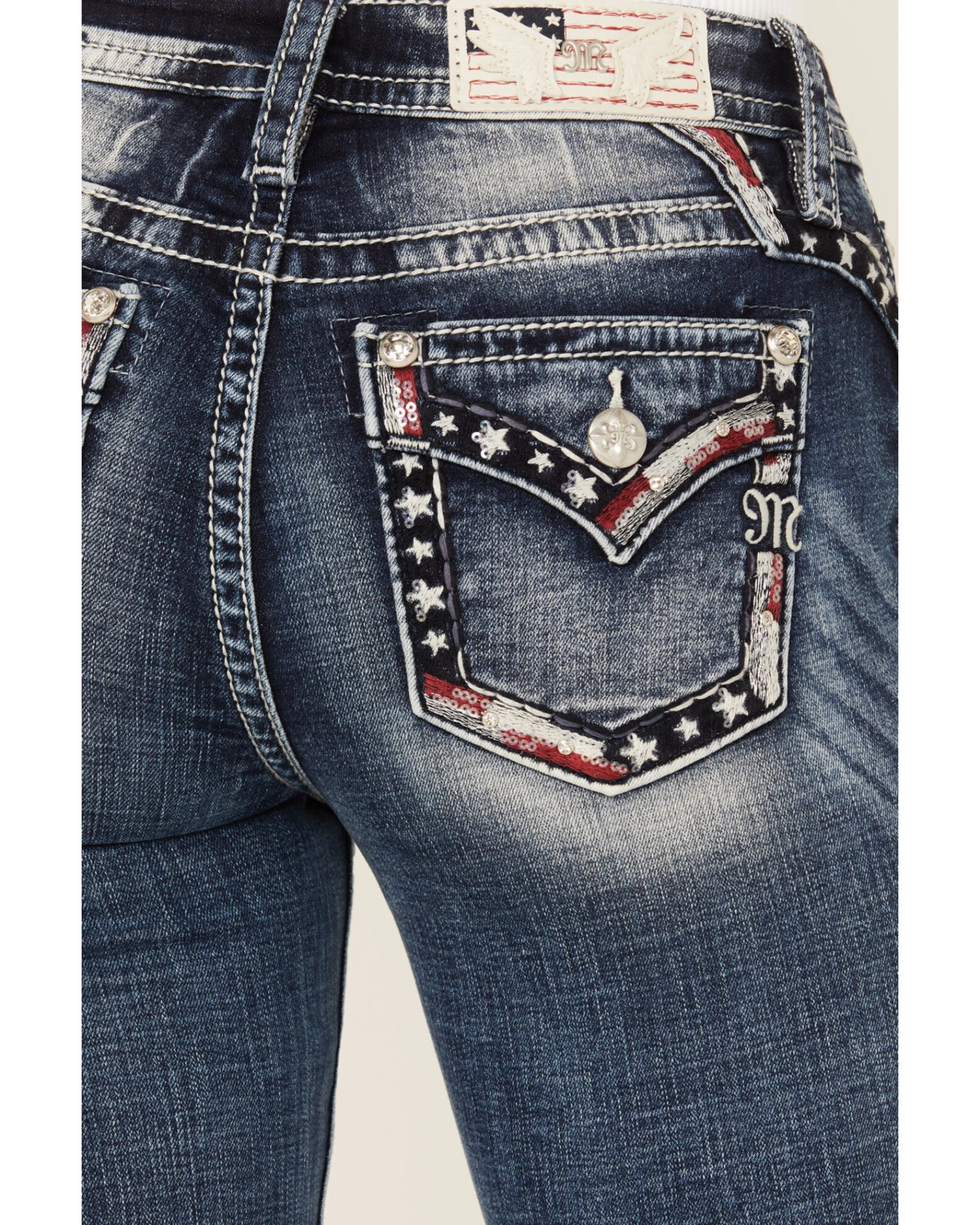 Miss Me Women's Dark Wash Mid Rise Americana Border Stretch Bootcut Jeans - Image 2