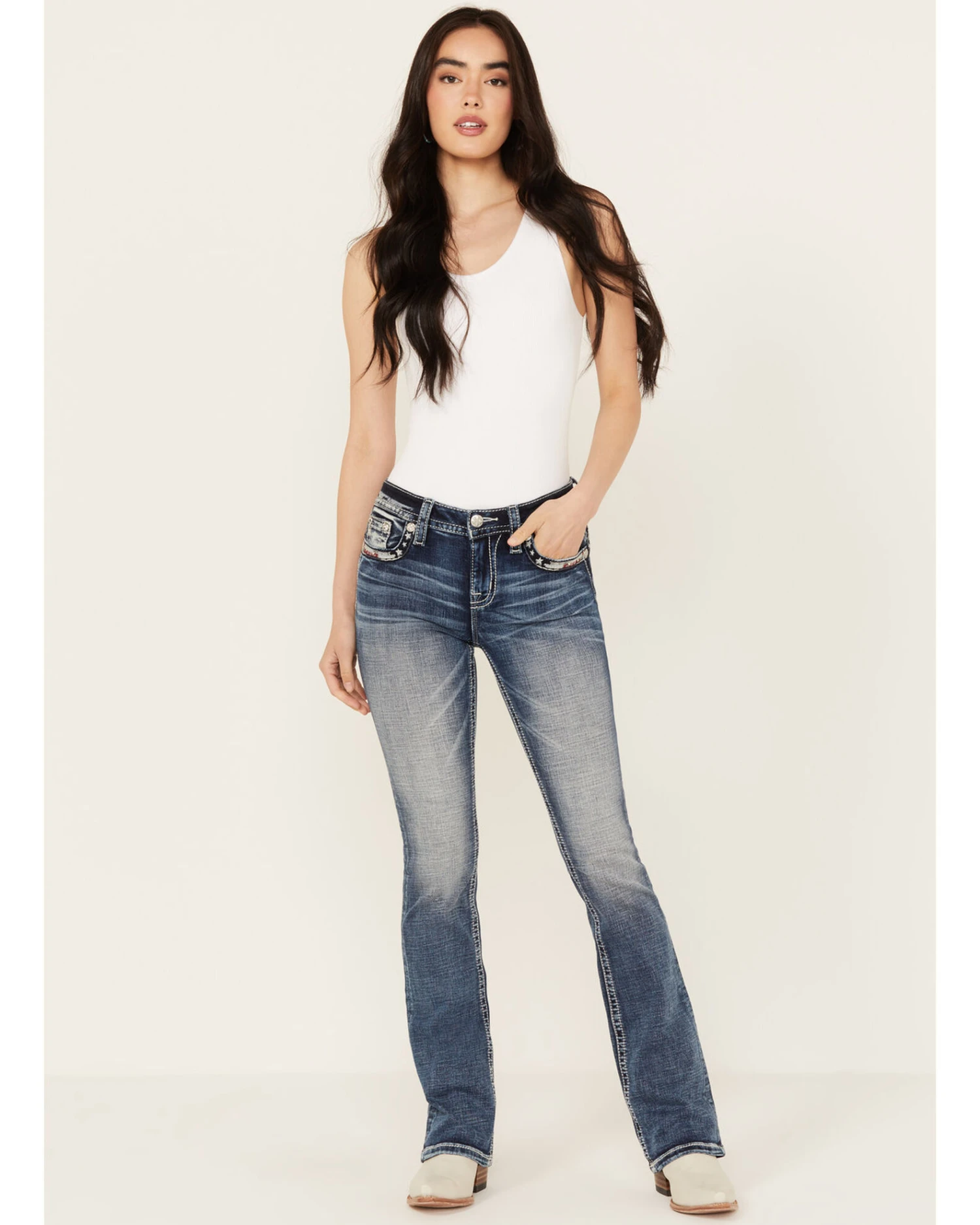 Miss Me Women's Dark Wash Mid Rise Americana Border Stretch Bootcut Jeans - Image 3