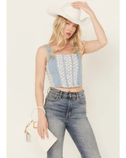 POL Women's Medium Wash Denim Floral Print Sleeveless Corset Tank